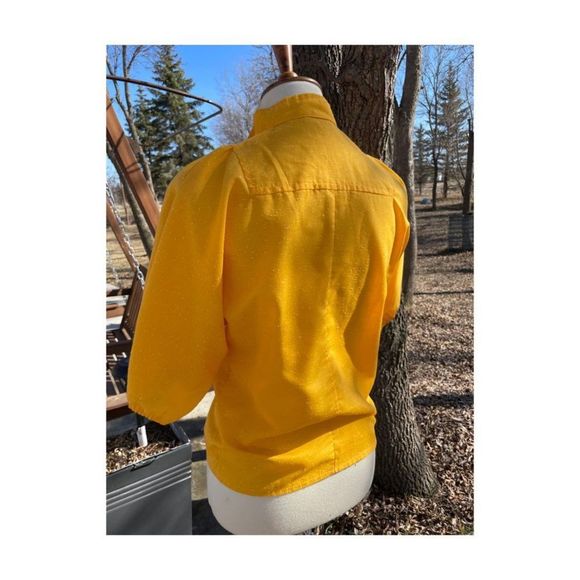 Vintage | 70s Saffron Slubbed Blouse Balloon Sleeve Mock Collar Sz 5 S/M - Picture 5 of 11